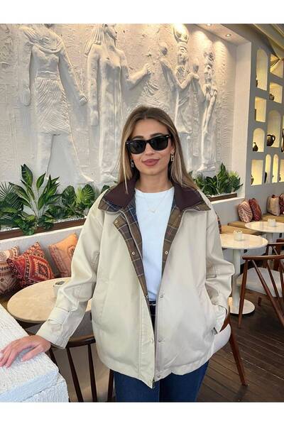 Niceboutique Plaid Detailed Knitwear Collar Coat with Snap Fasteners on the F...