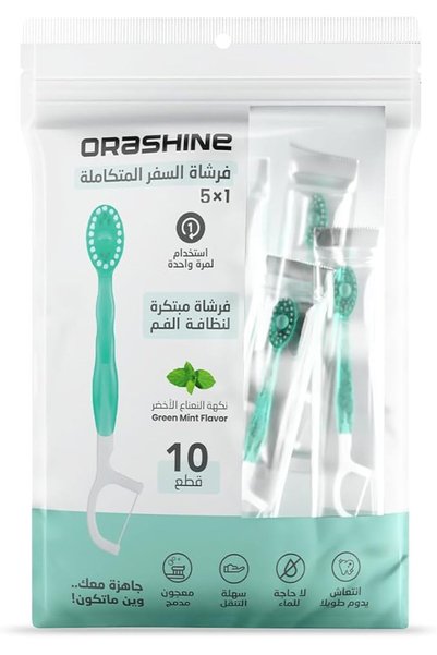 Orashine فرشاة أسنان للسفر 5 في 1 للاستخدام مرة واحدة للعناية بالفم مع خيط أس...