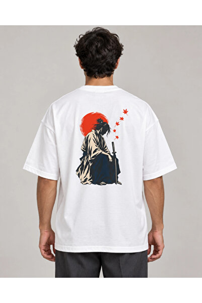 CANMODA White Red Sun and Samurai Printed Unisex T-Shirt