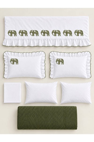 İK TEKSTİL Knitwear Blanket Khaki Green Elephant Embroidered 100% Cotton Double 7-Piece Duvet Cover Set