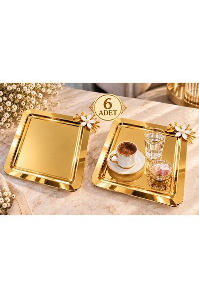 SUNVERA ÇELİK 6’lı Gold Paslanmaz Çelik Kare Sunum Tepsisi 22x22 cm – Beyaz Ç...