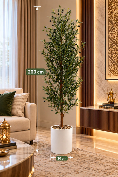 Generic Brand نبات زيتون اصطناعي بطول 200 سم مع وعاء زخرفي أبيض لغرف المعيشة ...