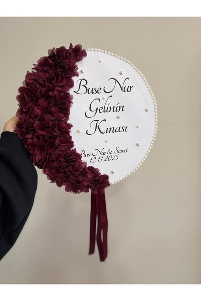Bordo Gelin Tefi, Kordonlu İncili Ve Lazer Çiçek Süslemeli 30cm, Düğün Sünnet Kına Gecesi