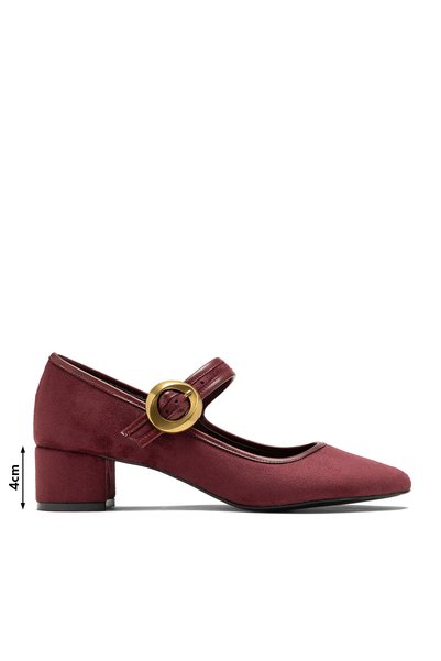 livendi Aura Women's Burgundy Round Buckle Round Toe 4 cm Thick Heeled Shoes