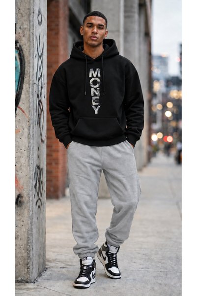 CLOTHES33 Trening cu glugă, set din 2 piese, model unisex, cu imprimeu tip șt...