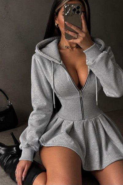 Generic Brand Hooded Zippered Pleated 2 Thread Mini Dress