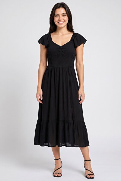 Brave Soul Women Shirred Midi Dress, Black