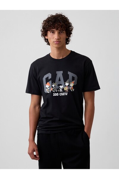 GAP Erkek Siyah Peanuts Everyday Soft Relaxed Logo T-Shirt