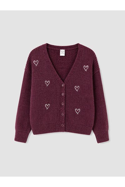 LC Waikiki Plum Sequin Embroidered Girls' Knitwear Cardigan