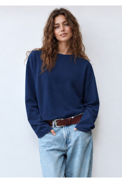 LOVES AGAZA %100 Pamuk Siyah Oversize Bisiklet Yaka Uzun Kollu T-shirt