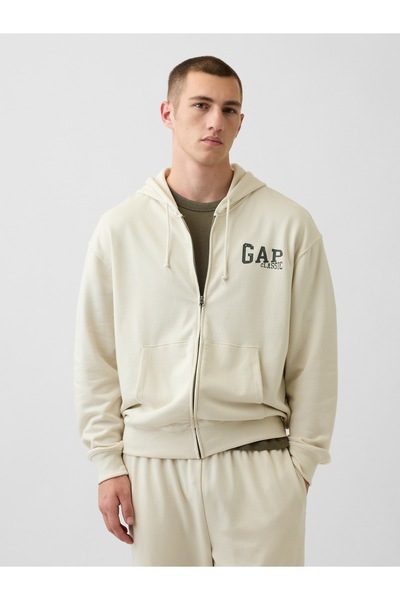 GAP Erkek Kırık Beyaz Relaxed Logo Fransız Havlu Kumaş Fermuarlı Sweatshirt