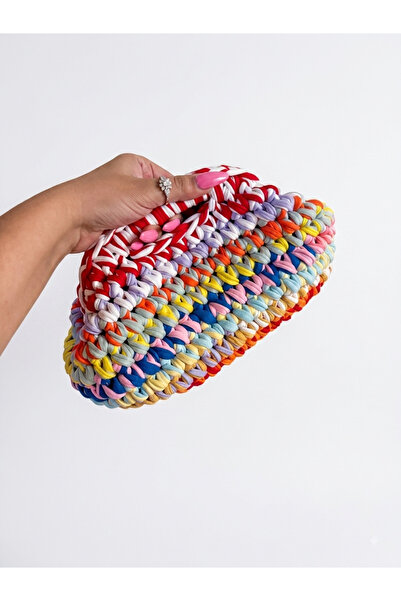 El Yapımı Renkli Penye İp Örgü Portföy Çanta - El Örgüsü Rengarenk Clutch