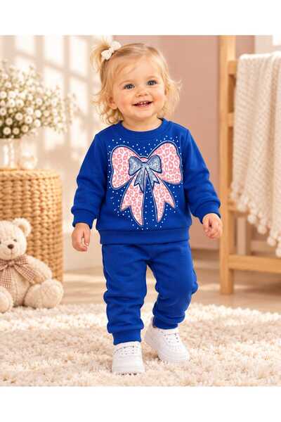 krm kerem bebe Baby Girl Cotton Bow Printed 2 Threaded Top and Bottom Two-Pie...