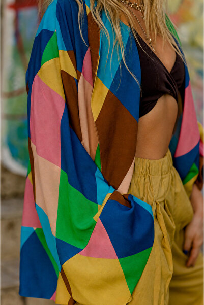 Kadın Çok Renkli Geometrik Desenli Oversize Kimono Ceket