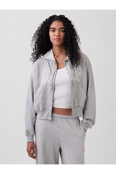 GAP Kadın Gri Oversized Logo Fransız Havlu Kumaş Fermuarlı Sweatshirt