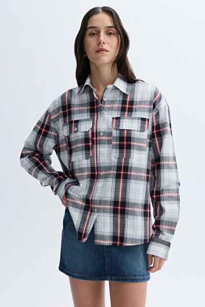 Mudo Women's Beige Plaid Oversize Long Sleeve Shirt
