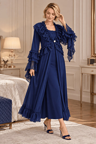 Mecit Pijama Mecit 6411 navy blue lace detailed women's dressing gown nightgo...