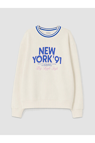 LC Waikiki Alita City Lcw Kids Ecru New York Printed Thick Sweatshirt for Gir...