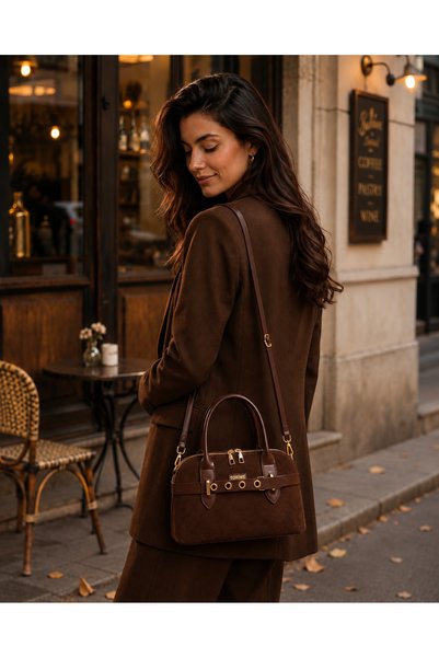 torime Geantă de umăr pentru femei din piele intoarsa maro, cu curea lunga, tip crossbody si geanta de mana