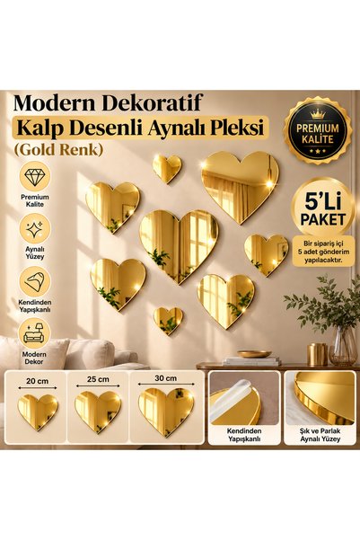 Genel Markalar 5 ADET- MODERN DEKORATİF KALP DESENLİ PLEKSİ AYNA KENDİNDEN YA...