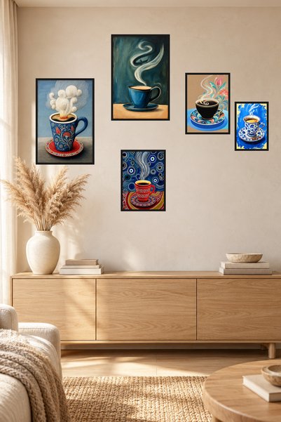 ATLAS DUVAR SANATI KAHVE DÜNYASI 5 PARÇALI ÇERÇEVELİ TABLO SETİ – MODERN KAHV...