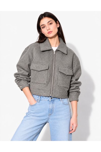 qeteen Kadın Oversize Kısa Mont Fermuarlı Cepli Modern Şık Günlük Kaşe Ceket