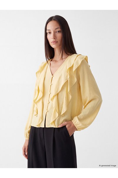 LC Waikiki Two Mt Shop Quality Lcw Studio Yellow Plain V-Neck Long Sleeve Wom...