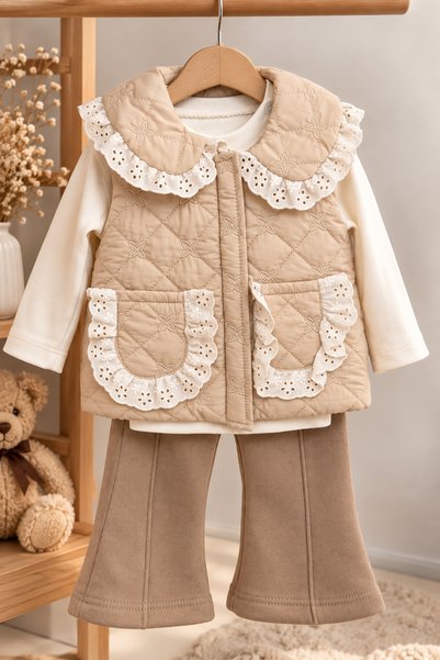 Hilora Baby Kids Kız Bebek Kapitone Yelekli 3’lü Takım – Ekru Badi ve Pantolon