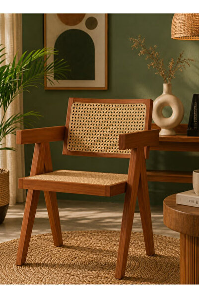 Roman Gifts Mid-Century Modern Accent Chair with Rattan Design, Solid Wood Fr...