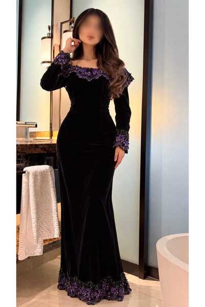 SANAYAS فستان سهرة طويل من المخمل الناعم