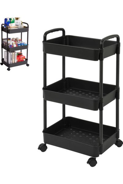 Generic Brand Cărucior bucătărie cu rafturi pe roți, rotile, mobil, PP, negru