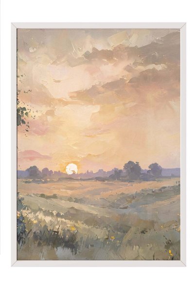 Postifull Poster cu peisaj rural la apusul soarelui – Tablou cu ramă albă NR....