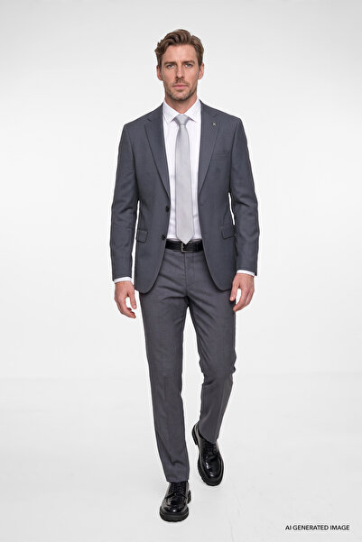 ALTINYILDIZ CLASSICS Erkek Antrasit Slim Fit Dar Kesim Mono Yaka Kapak Cepli Armürlü Esnek Takım Elbise