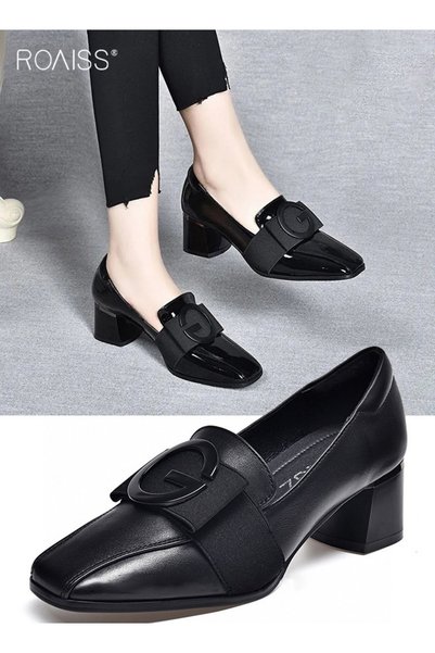ROAISS Fashion Office Ladies Shoes Women's PU Leather Pump Square Toe, Mid He...