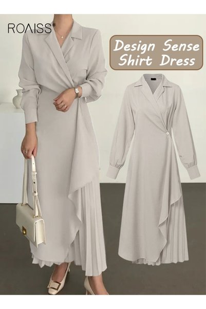 ROAISS Ladies Solid Color Tunic Dress, Ladies Formal Elegant Asymmetrical Ple...