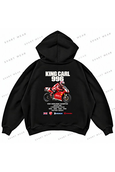 SVART WEAR كارل فوجارتي · دوكاتي 996 · 1999 هودي أسود كبير الحجم مطبوع من الأ...