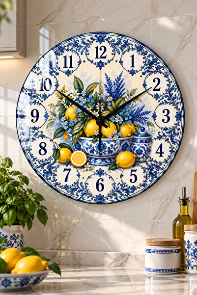 Decorita Cam Duvar Saati | Mavi Çini Tabağı Limon Desenli | Çap 32