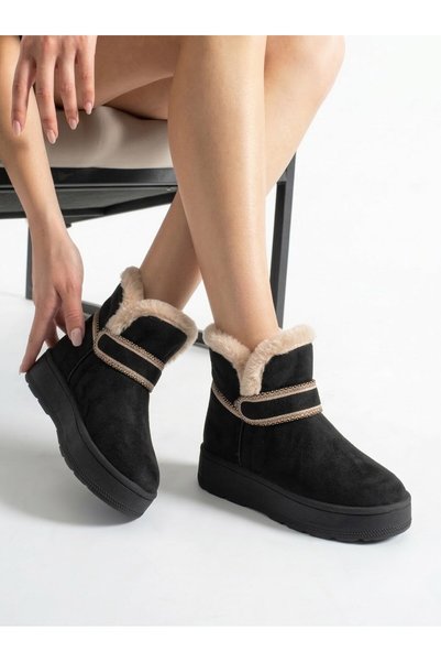 Nstil Daily Women's Black Suede Boots Ankle Length Fur Inside Thick Non-Slip Sole Comfortable Lightweight Bootie 027