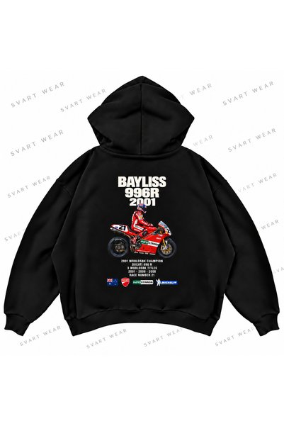 SVART WEAR تروي بايليس · دوكاتي 996 آر · 2001 سترة هودي سوداء مطبوعة كبيرة الحجم