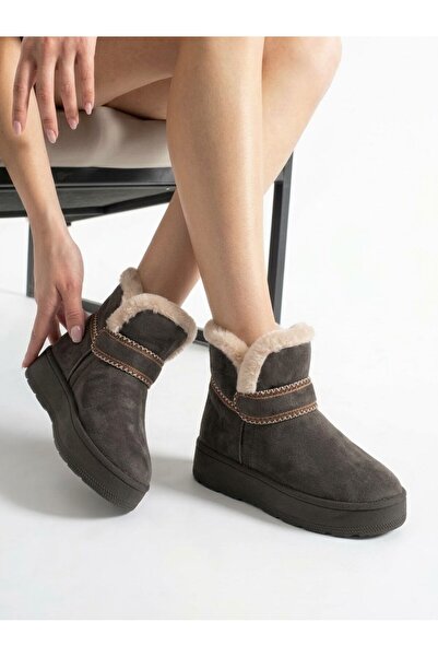 Nstil Daily Women's Brown Suede Boots Ankle Length Fur Inside Thick Non-Slip Sole Comfortable Lightweight Bootie 027