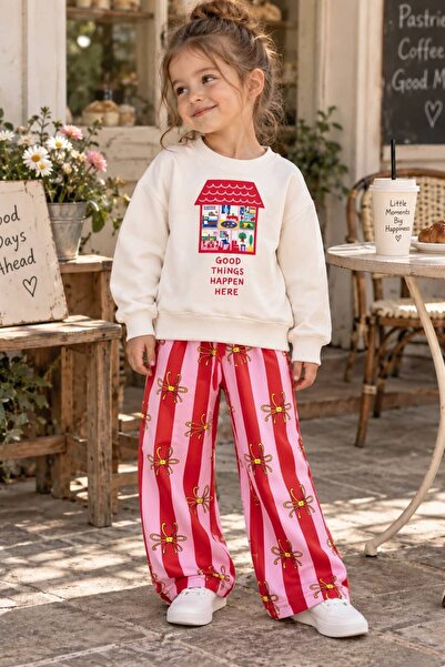 YİGİT BUTİK Girl's Printed Sweatshirt and Striped Patterned Wide-Leg Pants Set