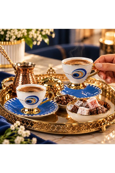 BasaranAvm 6-Person Evil Eye Patterned Porcelain Coffee Cup Set with Gold Detailing