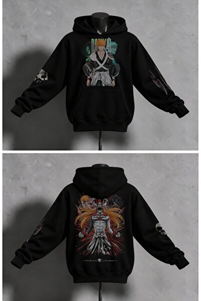 Fuddy Moda Unisex Oversize Bleach Ichigo Kurosaki Back and Sleeve Printed Hoo...