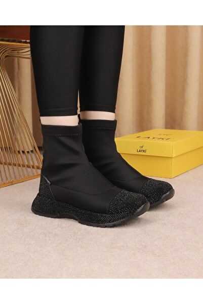 layki Diamante Black Colorful Stone Detailed Winter Women's Boots