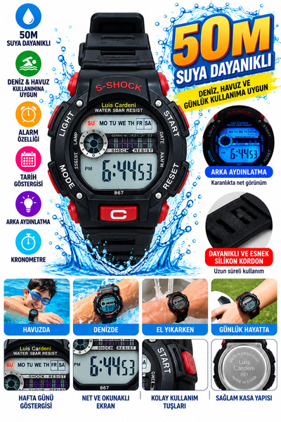 onlinekordon Dijital Çocuk Kol Saati 50M Water Resistant Suya Dayanıklı Deniz...