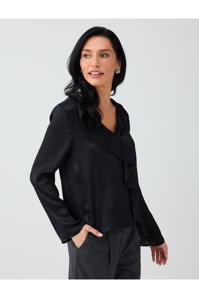 Jimmy Key Black Ruffle Detailed V-Neck Long Sleeve Chiffon Blouse