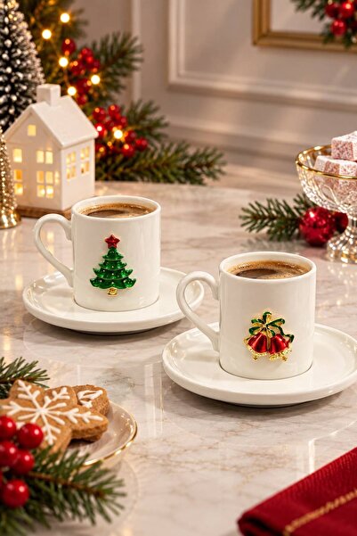 Bayev New Year's Themed Coffee Cup with Porcelain Figures for 2 People 90 ml ...