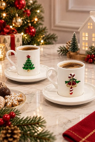 Bayev 2-Person New Year's Themed Coffee Cup with Porcelain Figures 90 ml - 03