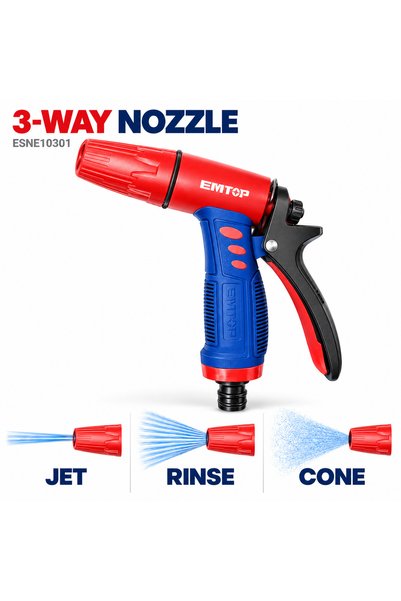 EMTOP 3-Way Garden Hose Spray Nozzle Plastic Trigger Watering Gun Jet Rinse Cone ESNE10301