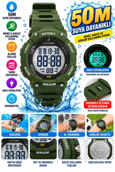 onlinekordon Dijital Çocuk Kol Saati 50M Water Resistant Suya Dayanıklı Deniz...